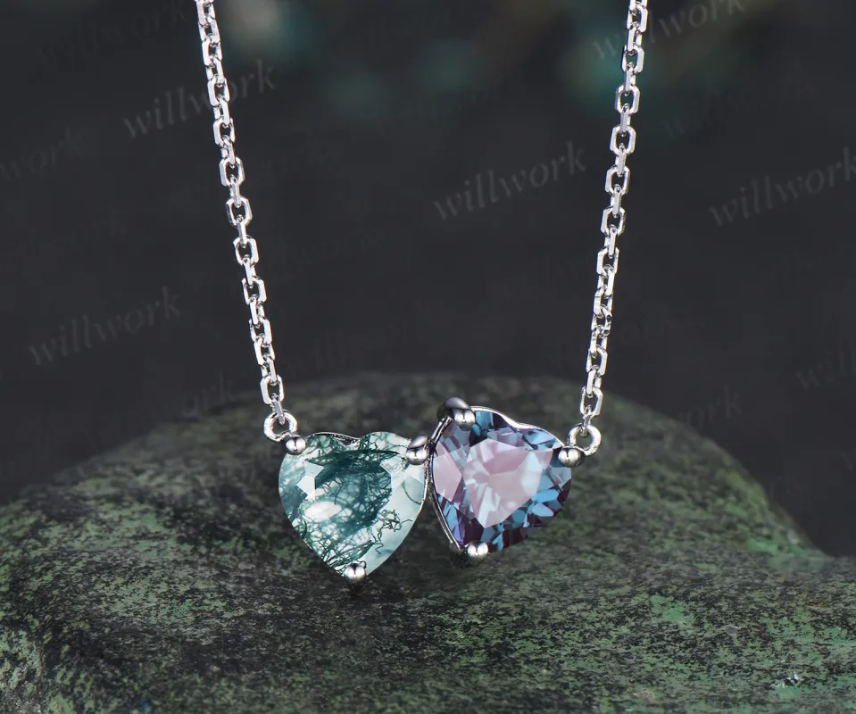 Heart cut moss agate & alexandrite Toi et Moi pendant necklace minimalist two stones pendant wedding anniversary gifts made by Willwork Jewelry