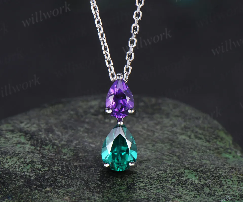 Romantic pear shape amethyst emerald 2-stone pendant necklace Toi et Moi necklace birthstone anniversary gifts made by Willwork Jewelry