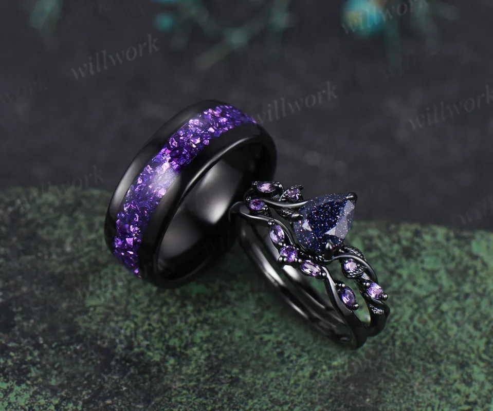 Teardrop Blue Sandstone Nature Inspired Leaf Amethyst Ring Set & Tungsten Amethyst Men Wedding Band Romantic Couple Jewelry Set sold by Willwork Jewelry