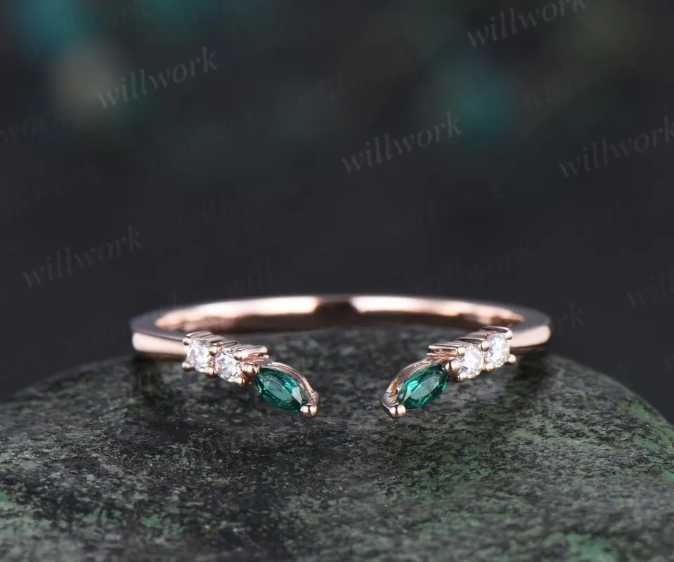 Open gap curved diamond emerald wedding band solid 14k white gold 6 stone ring moissanite stacking ring band women anniversary ring gift sold by Willwork Jewelry