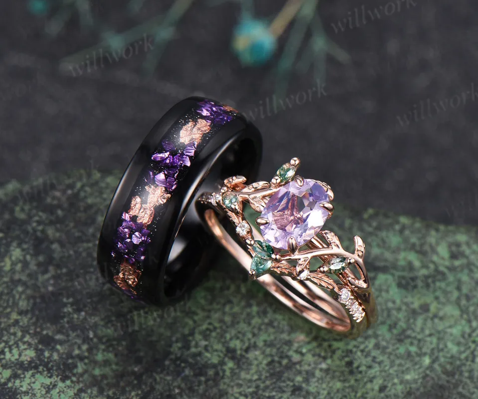 Oval Lavender Amethsyt Twig Moss Agate Leaf Bridal Set & Tungsten Amethyst Men Wedding Band Unique Couple Ring Set sold by Willwork Jewelry