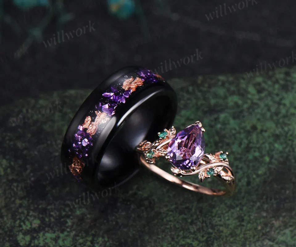 Nature Inspired Amethsyt Leaf Emeralds Ring & Tungsten Amethyst Men Wedding Band Enchanting Couple Ring Set sold by Willwork Jewelry