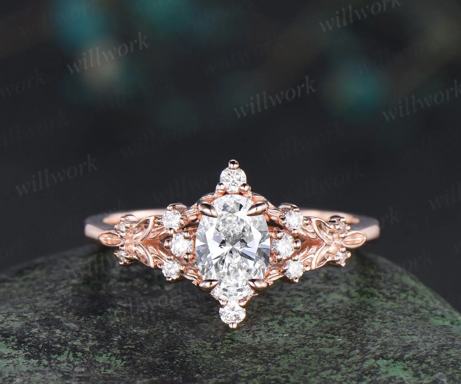 Oval cut IGI Lab grown diamond moissanite engagement ring leaf nature inspired cluster art deco wedding promise ring women jewelry sold by Willwork Jewelry