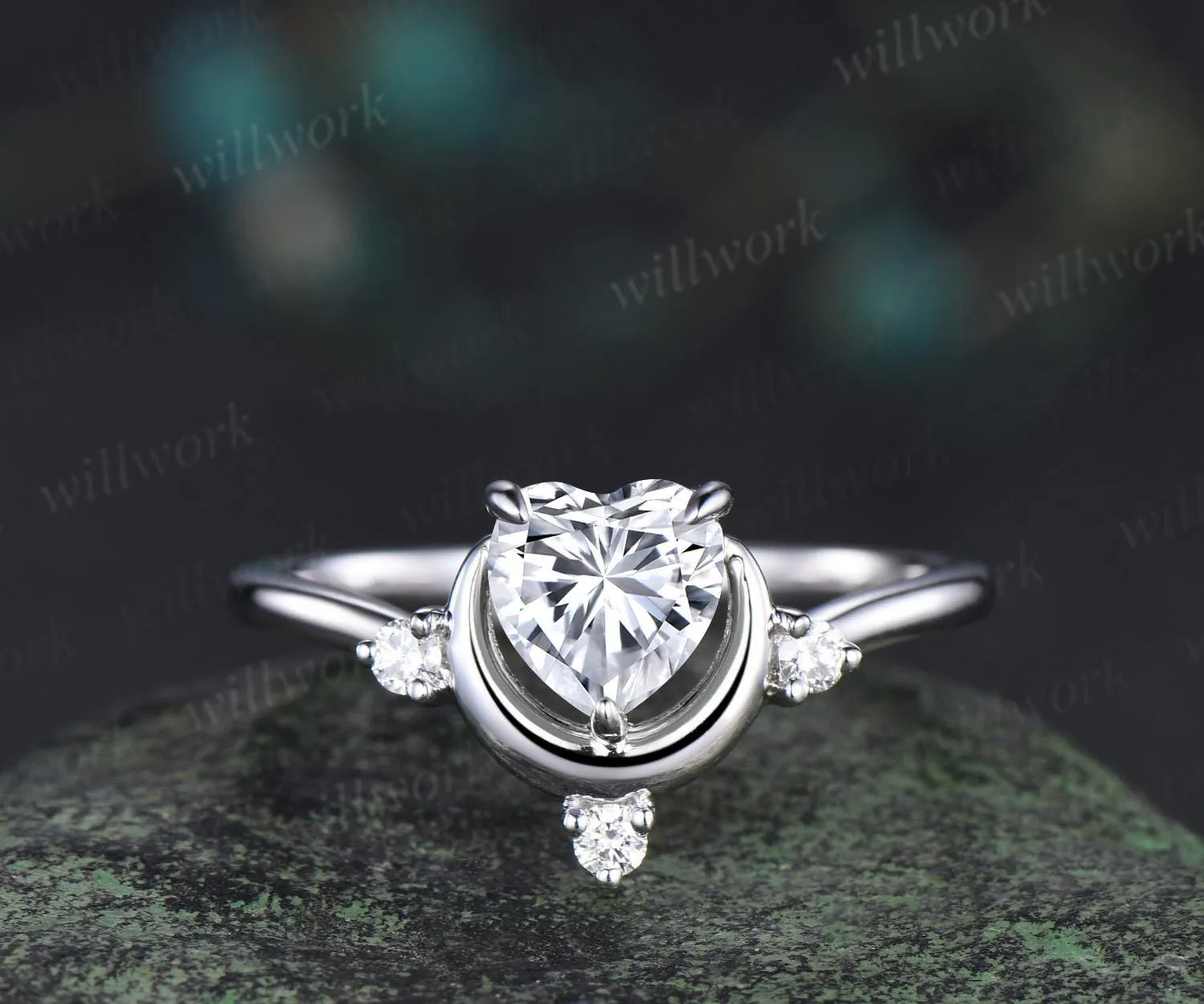 1ct heart cut IGI Lab grown diamond moissanite engagement ring four stone moon promise wedding ring women 14k white gold sold by Willwork Jewelry