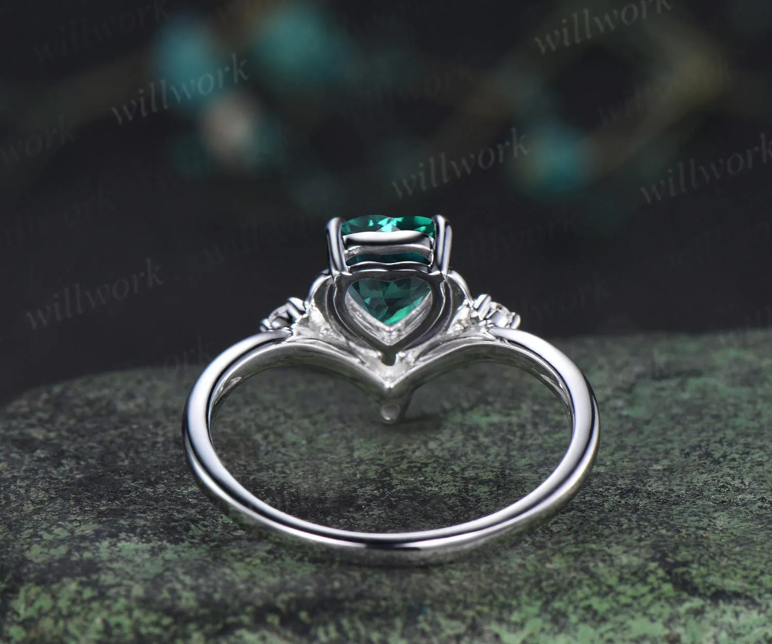 Heart cut emerald ring white gold diamond ring vintage four stone unique moon engagement ring promise wedding ring women dainty gift sold by Willwork Jewelry product image thumbnail 5