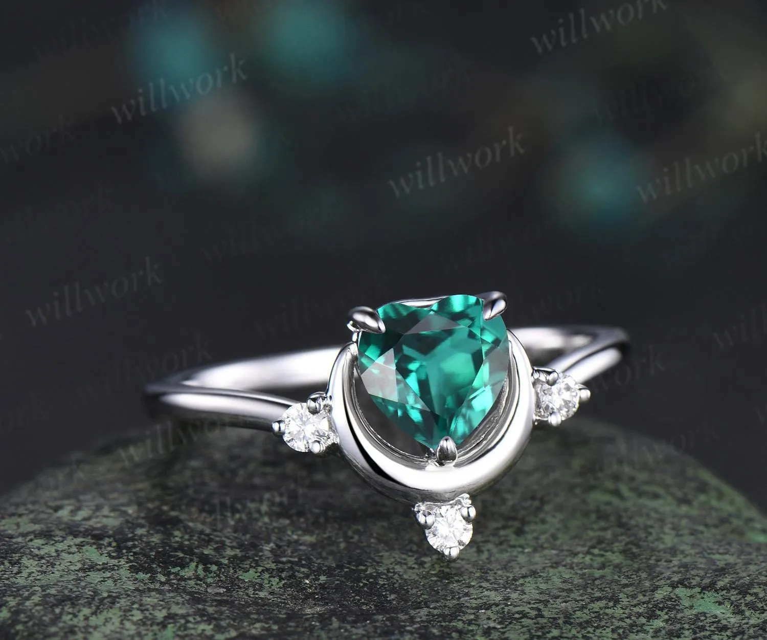 Heart cut emerald ring white gold diamond ring vintage four stone unique moon engagement ring promise wedding ring women dainty gift sold by Willwork Jewelry product image thumbnail 2