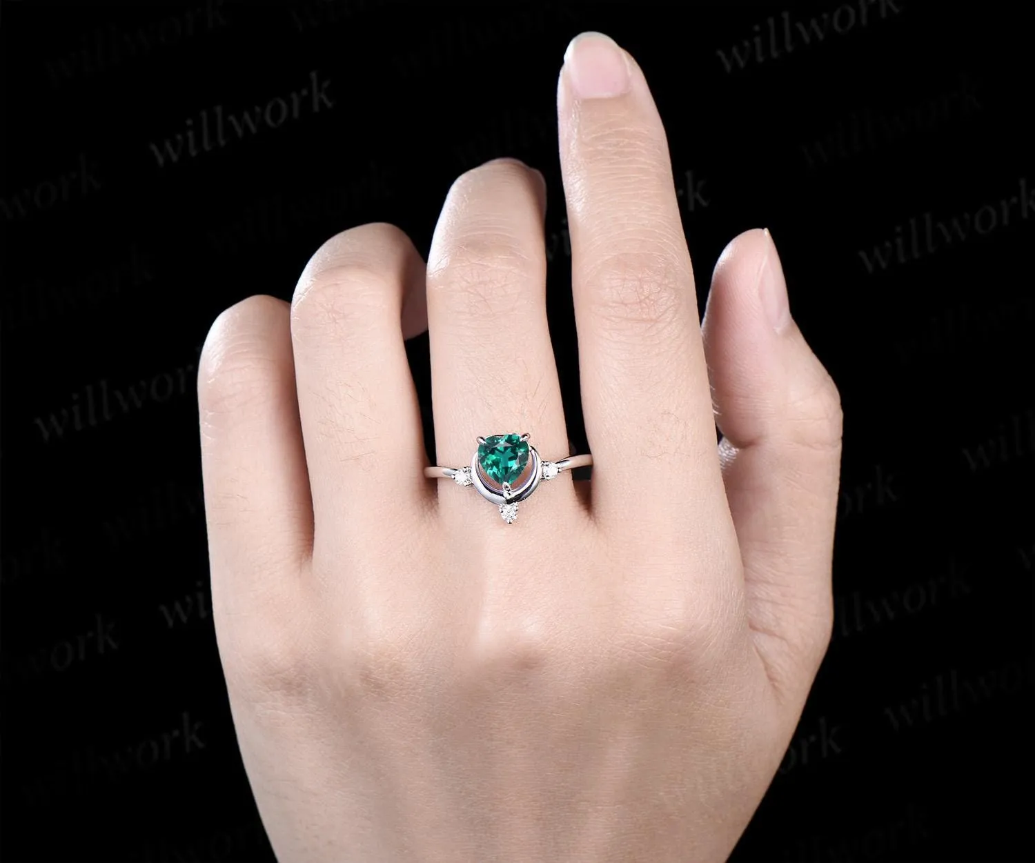 Heart cut emerald ring white gold diamond ring vintage four stone unique moon engagement ring promise wedding ring women dainty gift sold by Willwork Jewelry product image thumbnail 3