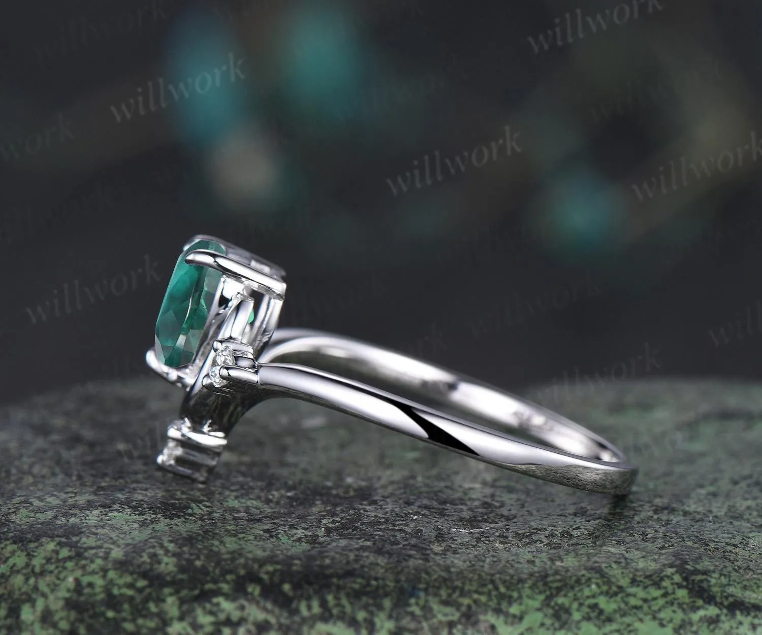 Heart cut emerald ring white gold diamond ring vintage four stone unique moon engagement ring promise wedding ring women dainty gift sold by Willwork Jewelry product image thumbnail 4