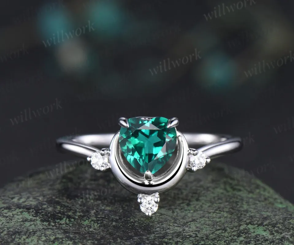Heart cut emerald ring white gold diamond ring vintage four stone unique moon engagement ring promise wedding ring women dainty gift sold by Willwork Jewelry