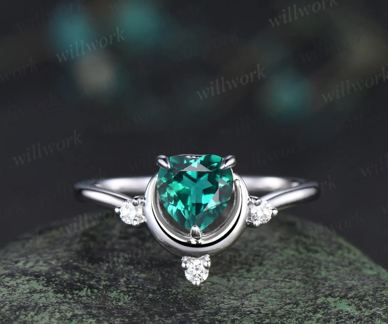 Heart cut emerald ring white gold diamond ring vintage four stone unique moon engagement ring promise wedding ring women dainty gift sold by Willwork Jewelry