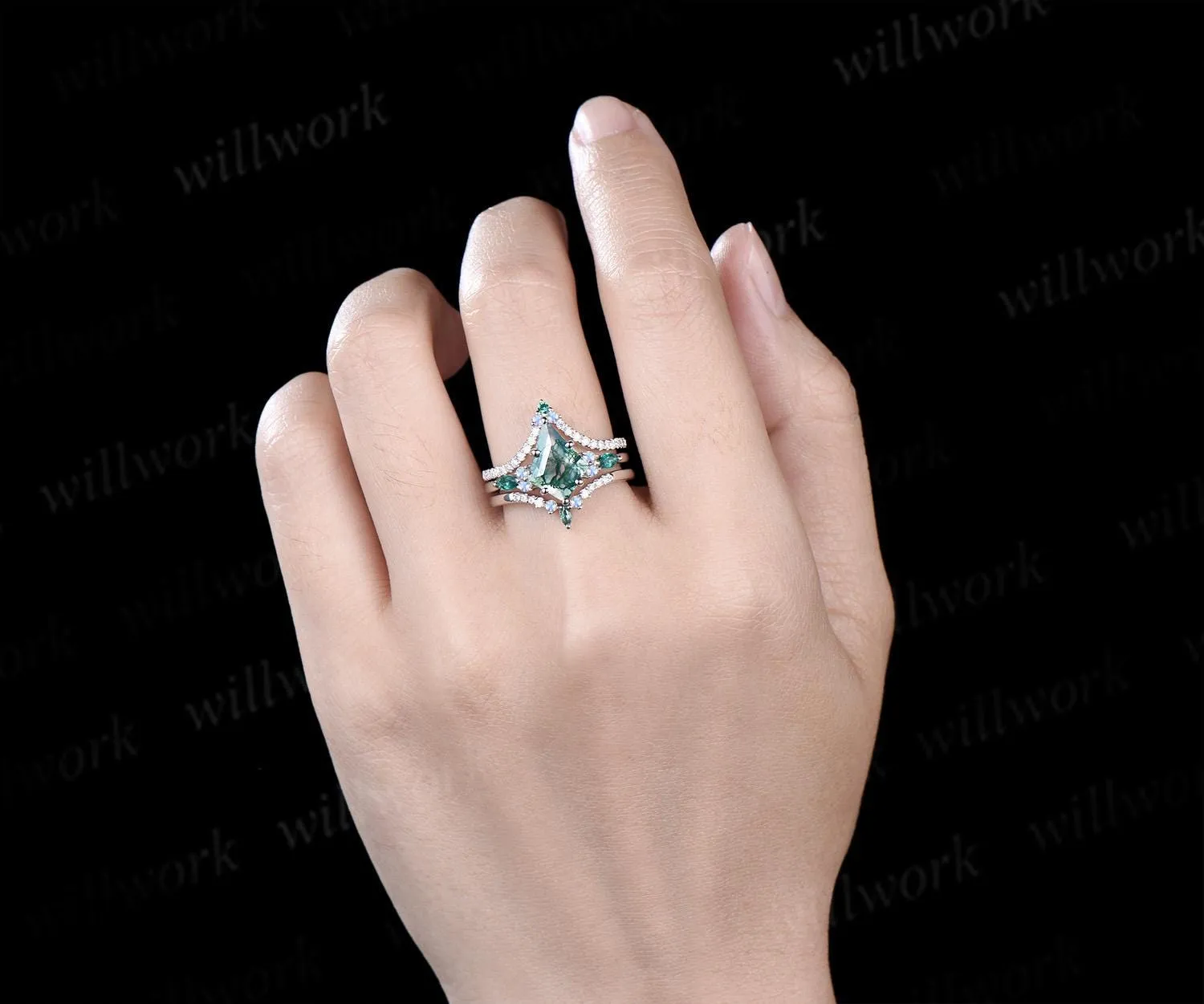 8x11mm kite cut green moss agate engagement ring set moonstone moissanite emerald ring bridal set white gold ring women sold by Willwork Jewelry product image thumbnail 3
