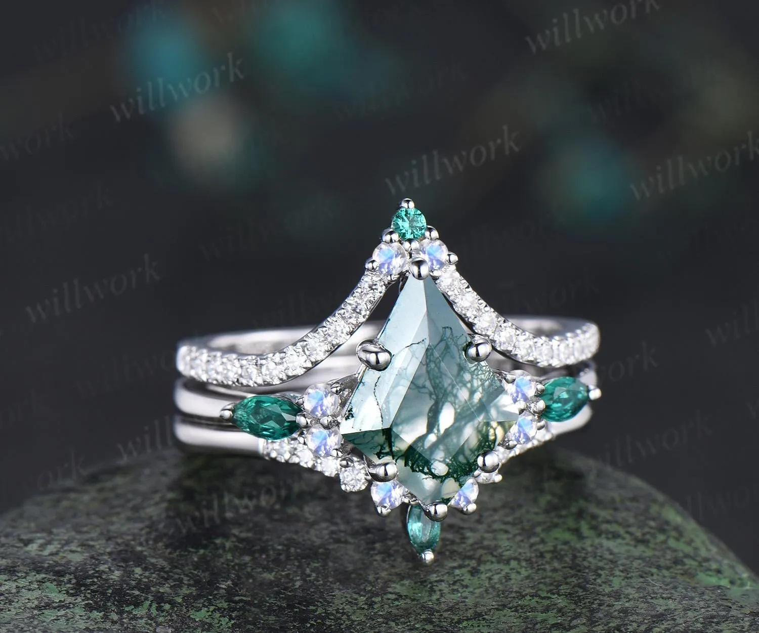 8x11mm kite cut green moss agate engagement ring set moonstone moissanite emerald ring bridal set white gold ring women sold by Willwork Jewelry product image thumbnail 4