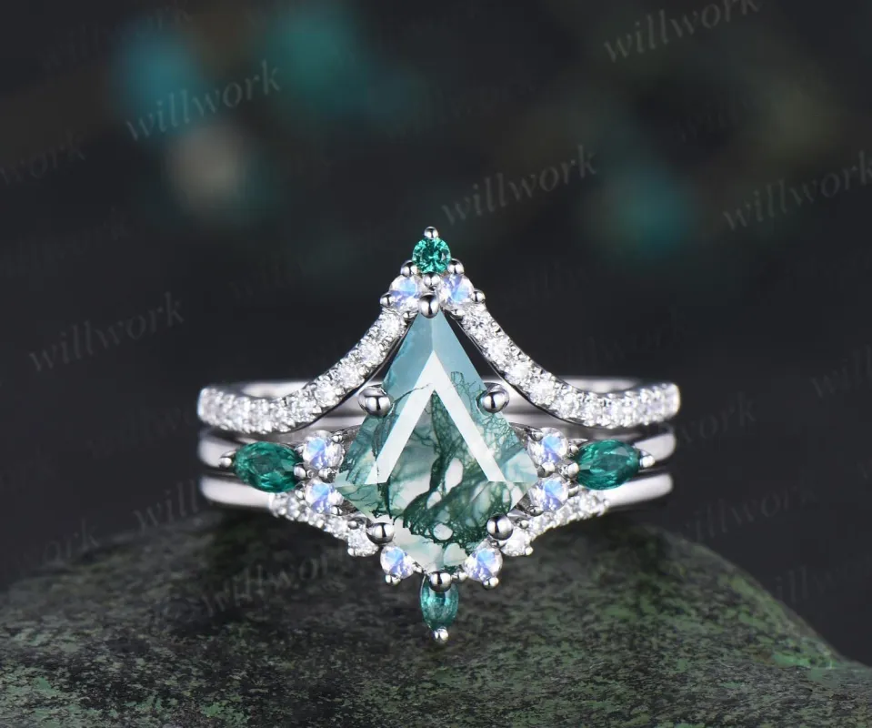 8x11mm kite cut green moss agate engagement ring set moonstone moissanite emerald ring bridal set white gold ring women sold by Willwork Jewelry
