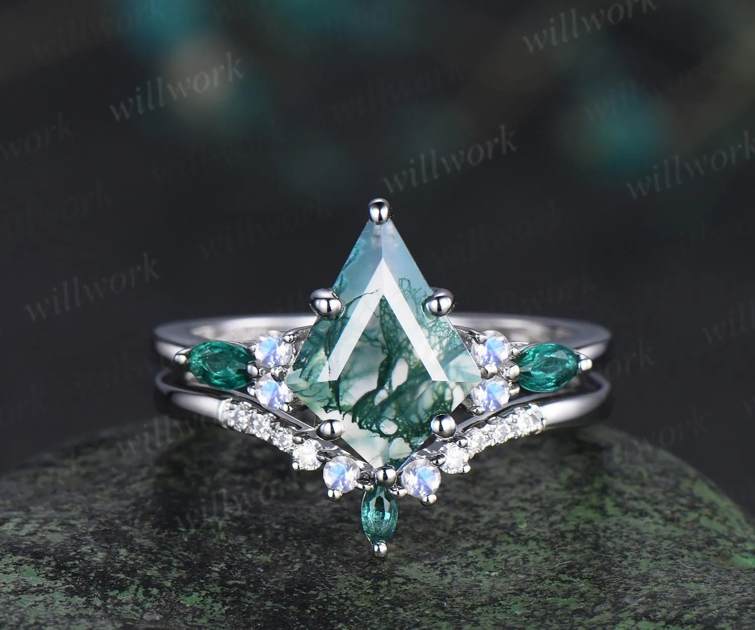 8x11mm kite cut green moss agate engagement ring set moonstone moissanite emerald ring bridal set white gold ring women sold by Willwork Jewelry product image thumbnail 5