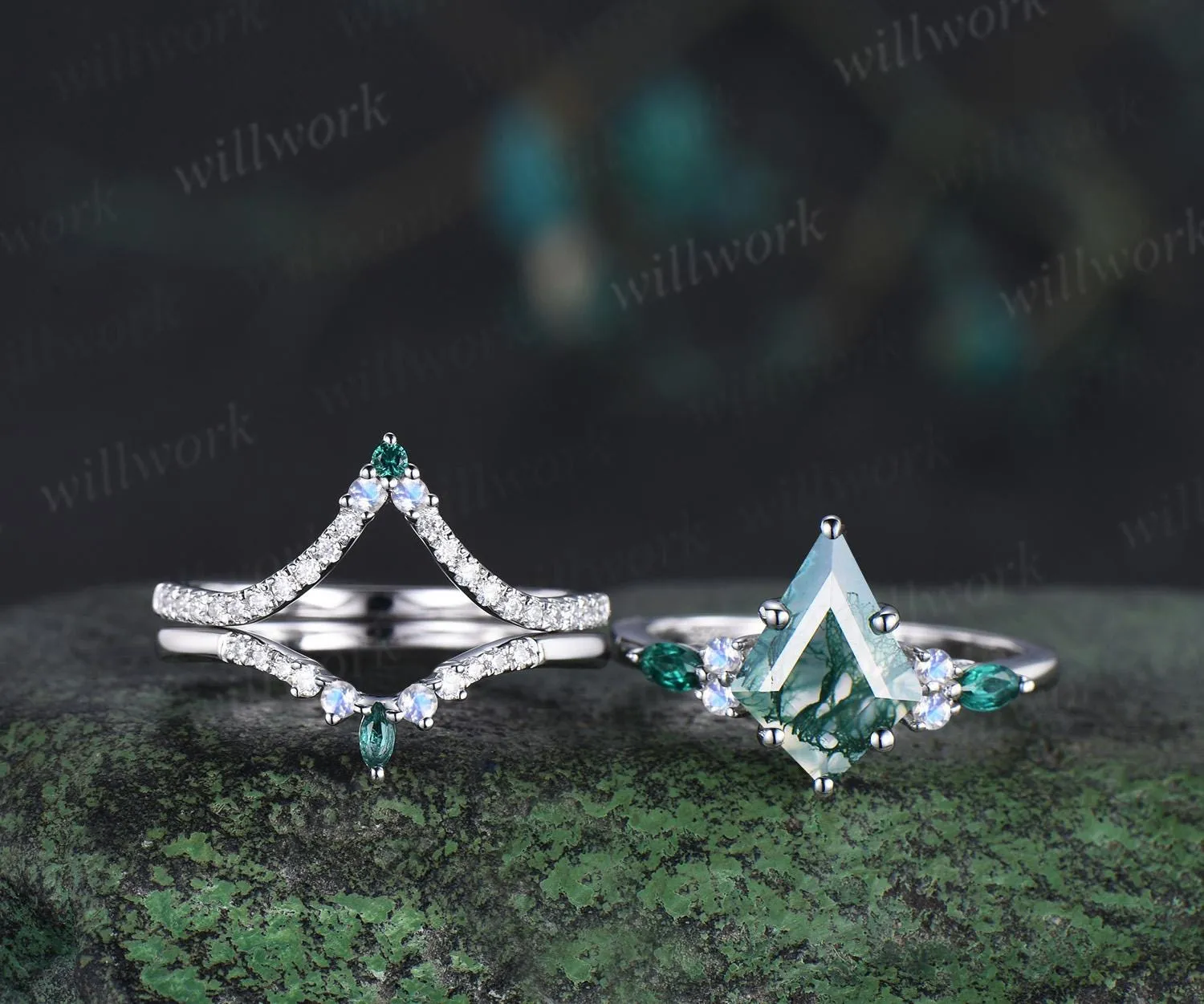8x11mm kite cut green moss agate engagement ring set moonstone moissanite emerald ring bridal set white gold ring women sold by Willwork Jewelry product image thumbnail 2