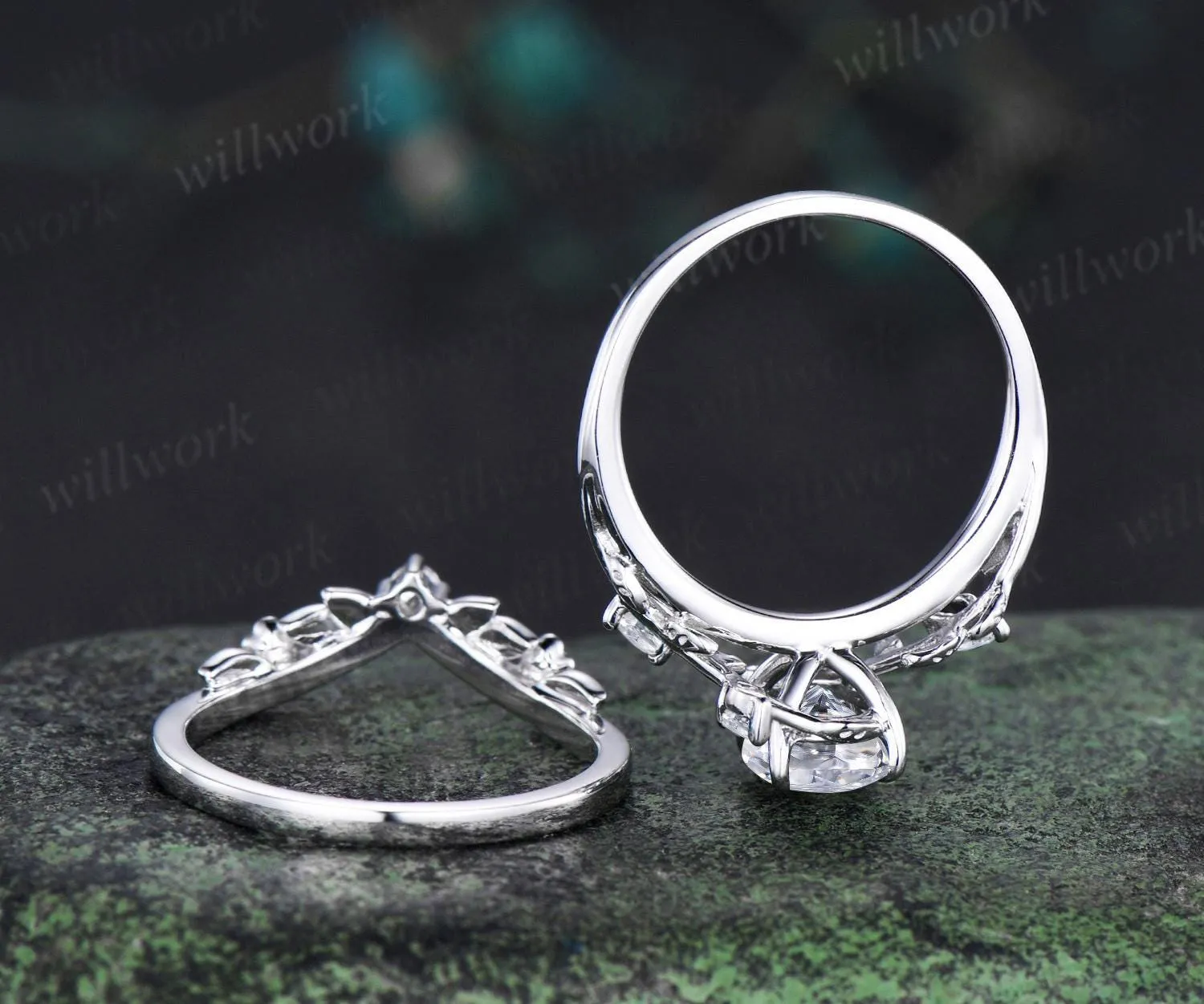 Vintage oval IGI lab grown diamond engagement ring set white gold leaf floral cluster moissanite ring unique promise wedding ring women jewelry sold by Willwork Jewelry product image thumbnail 5