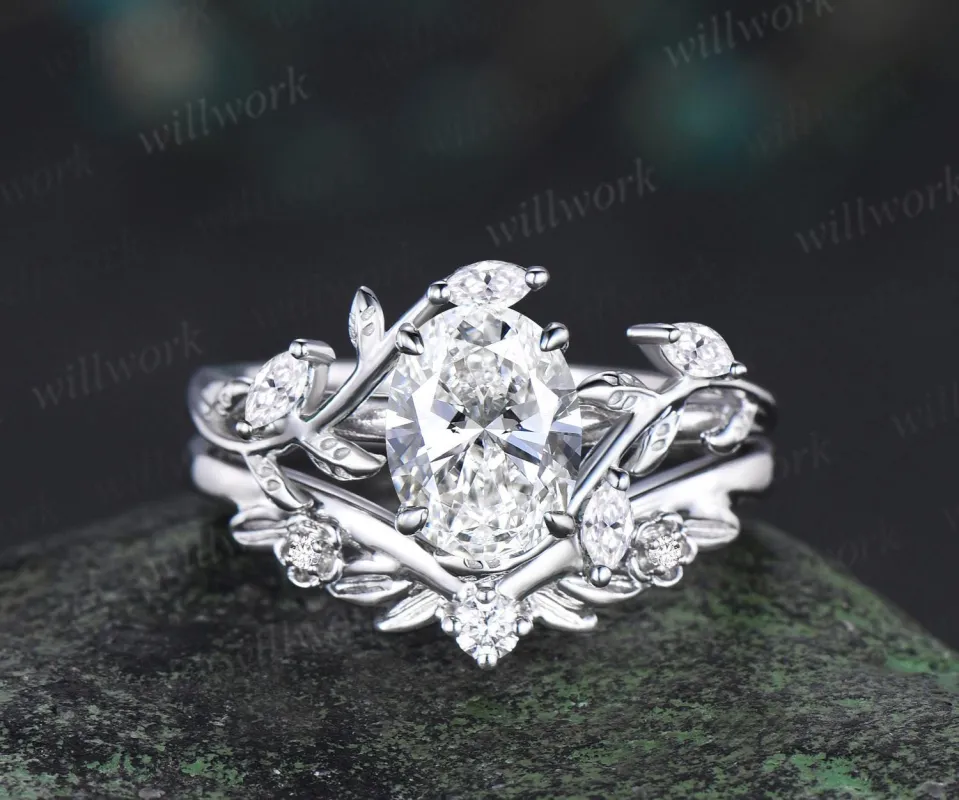 Vintage oval IGI lab grown diamond engagement ring set white gold leaf floral cluster moissanite ring unique promise wedding ring women jewelry sold by Willwork Jewelry