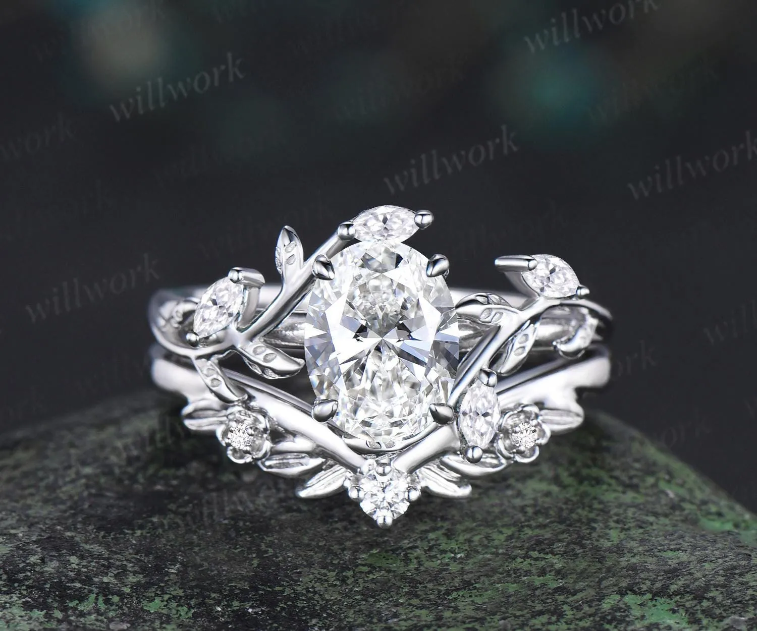 Vintage oval IGI lab grown diamond engagement ring set white gold leaf floral cluster moissanite ring unique promise wedding ring women jewelry sold by Willwork Jewelry