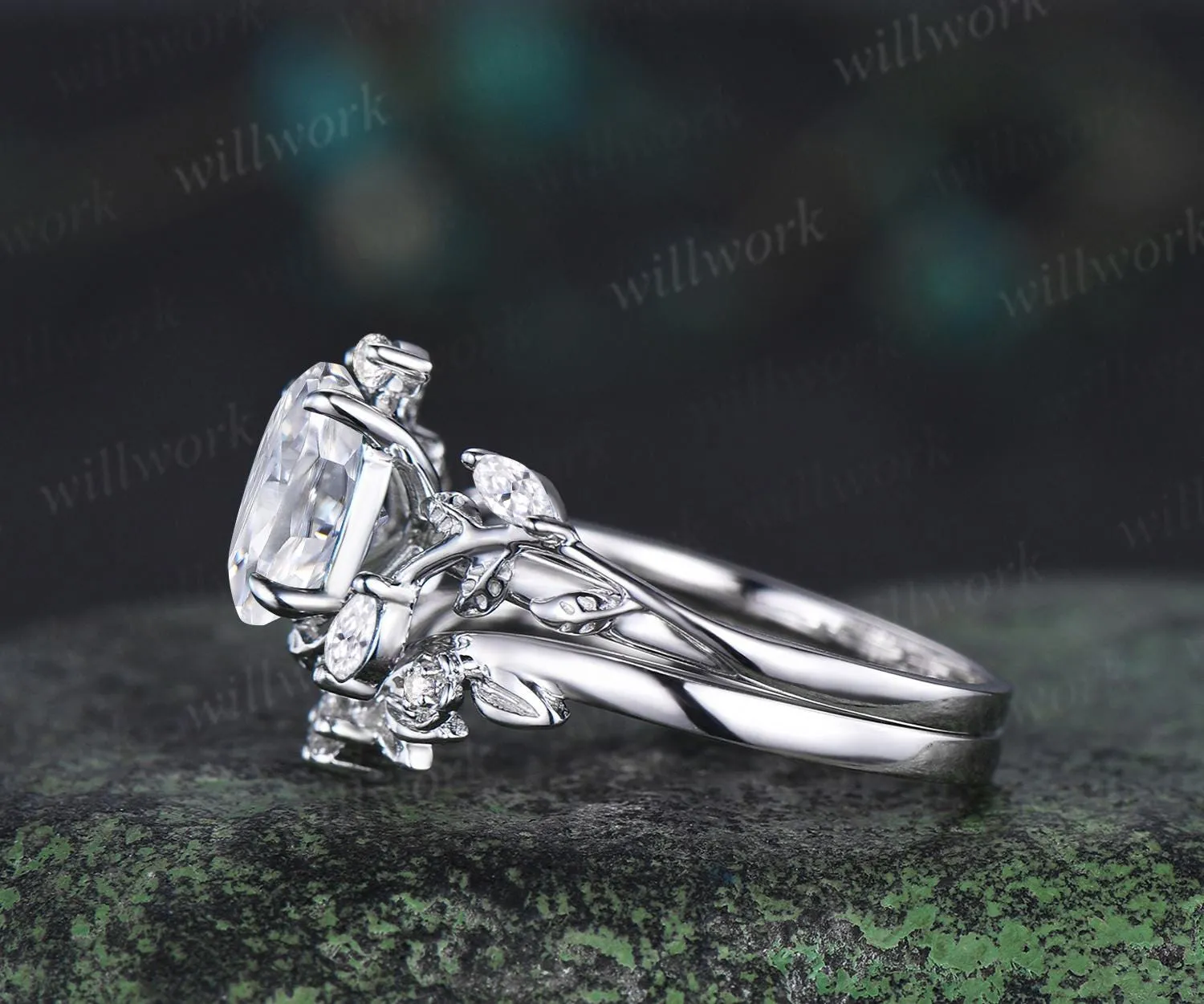 Vintage oval IGI lab grown diamond engagement ring set white gold leaf floral cluster moissanite ring unique promise wedding ring women jewelry sold by Willwork Jewelry product image thumbnail 4