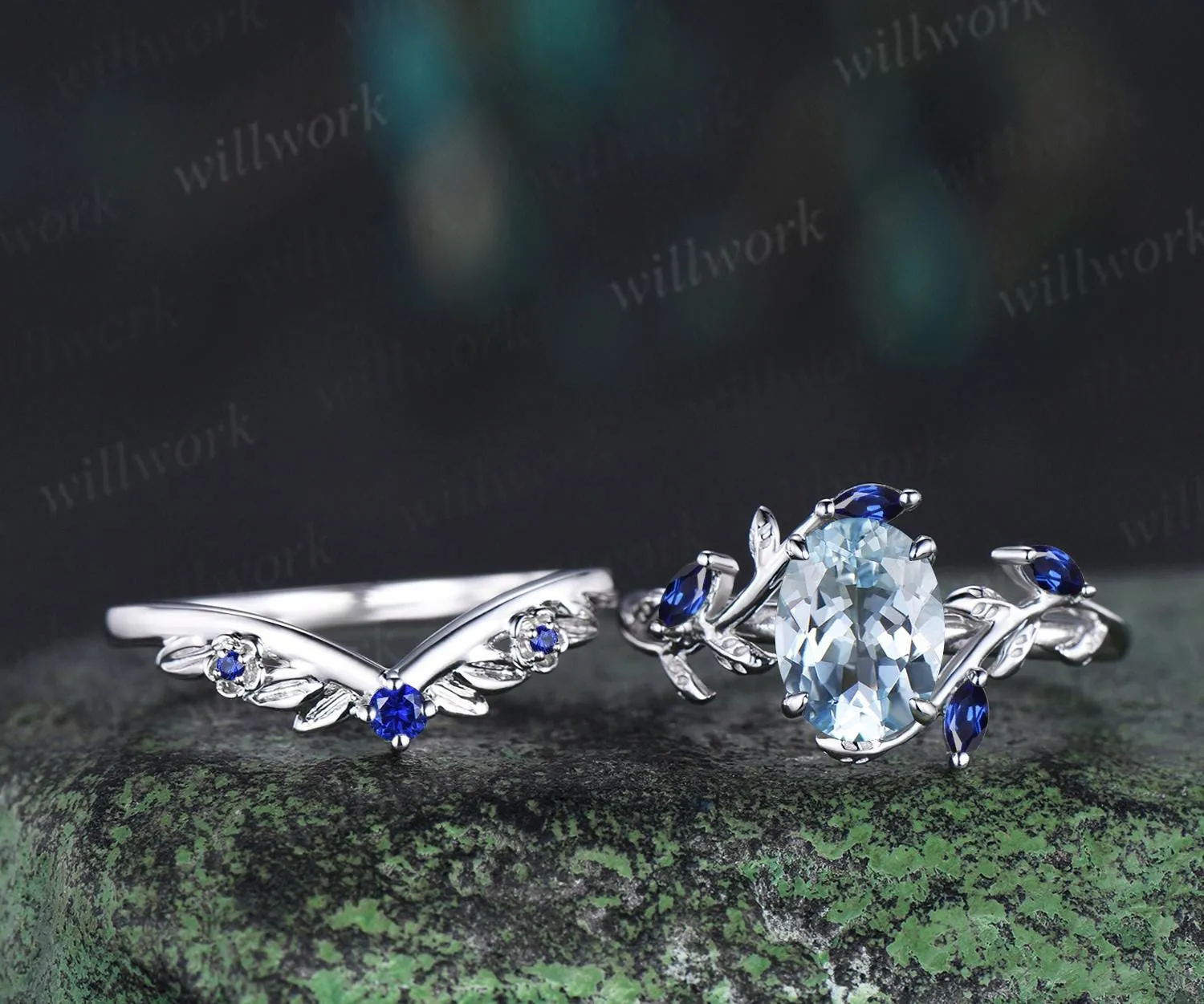 Oval aquamarine ring vintage white gold leaf floral nature inspired engagement ring set cluster sapphire wedding promise ring women jewelry sold by Willwork Jewelry product image thumbnail 2