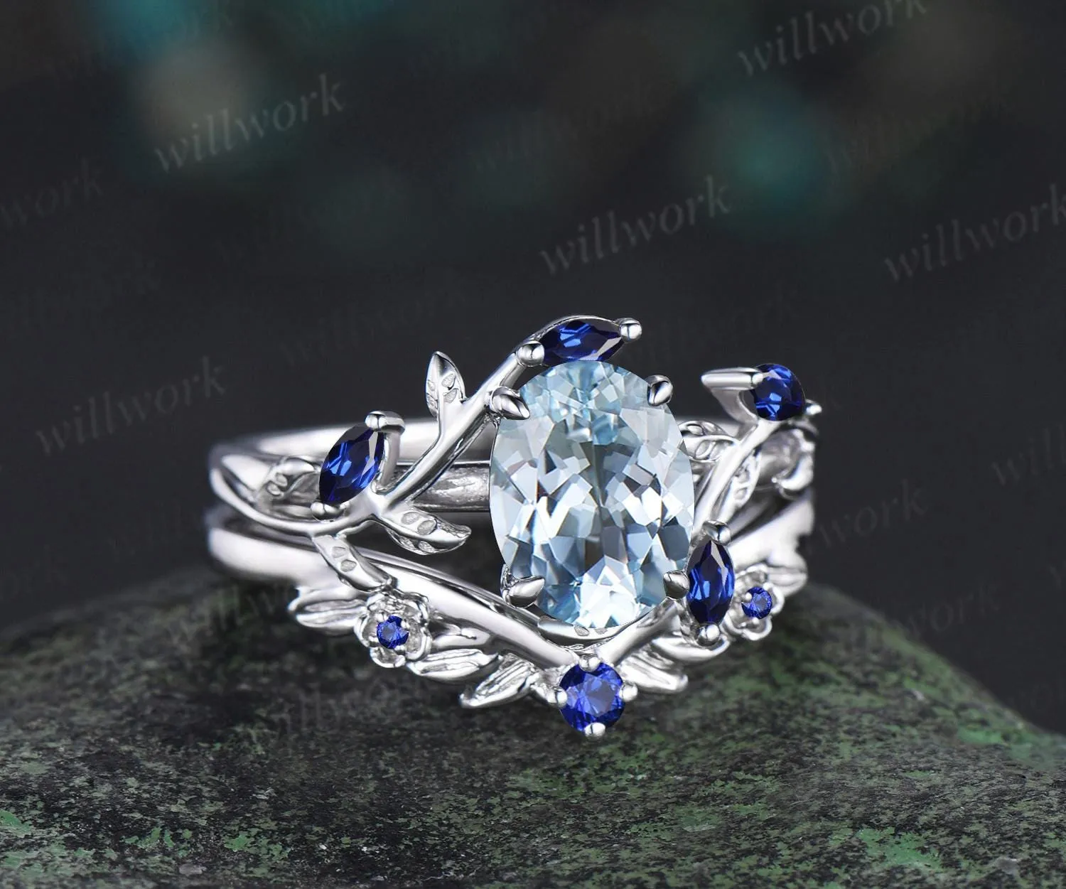 Oval aquamarine ring vintage white gold leaf floral nature inspired engagement ring set cluster sapphire wedding promise ring women jewelry sold by Willwork Jewelry product image thumbnail 3
