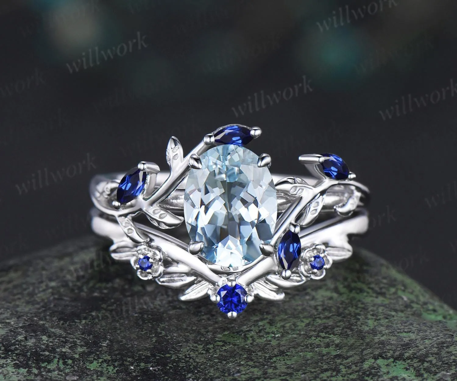 Oval aquamarine ring vintage white gold leaf floral nature inspired engagement ring set cluster sapphire wedding promise ring women jewelry sold by Willwork Jewelry