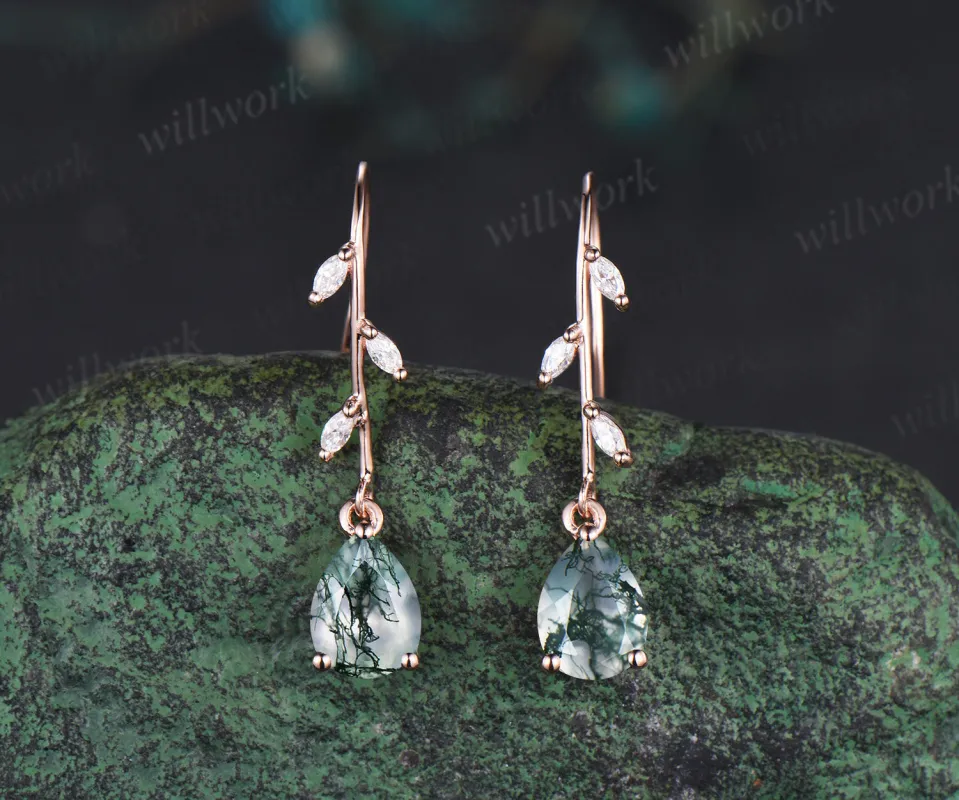 Unique pear moss agate leaf moissanites earrings marquise cut moissanite dangle earrings gift for her sold by Willwork Jewelry