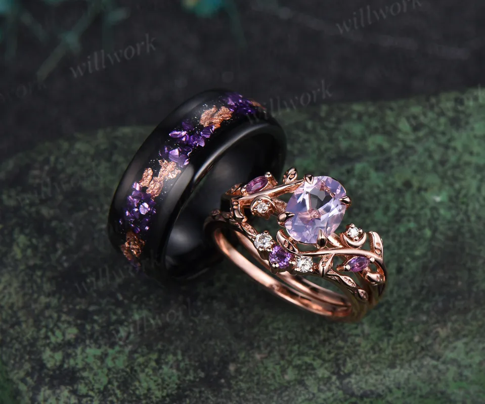 Unique Oval Lavender Amethsyt Moon Leaf Bridal Set & Tungsten Amethyst Men Wedding Band Enchanting Couple Ring Set sold by Willwork Jewelry