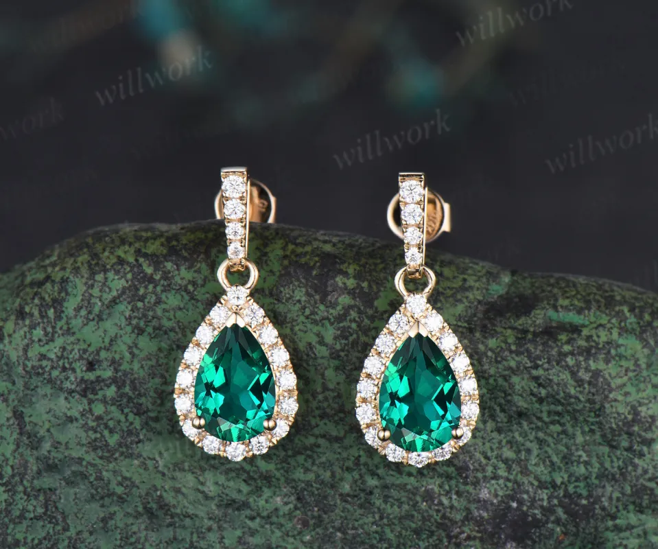 Pear cut emerald earrings diamonds moissanited halo vintage piercing drop earrings May birthstone gifts for women made by Willwork Jewelry