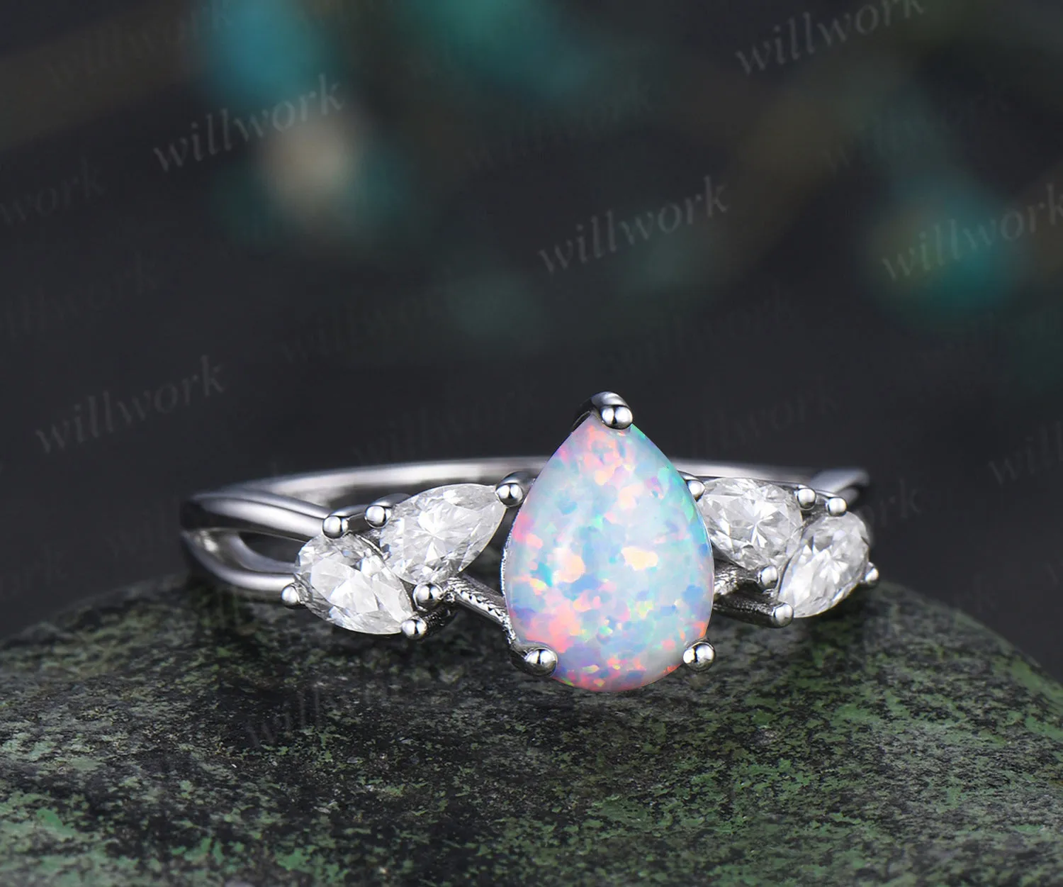 Pear cut opal engagement ring pear moissanite cluster split shank ring bridal unique bridal ring gifts for women sold by Willwork Jewelry product image thumbnail 4