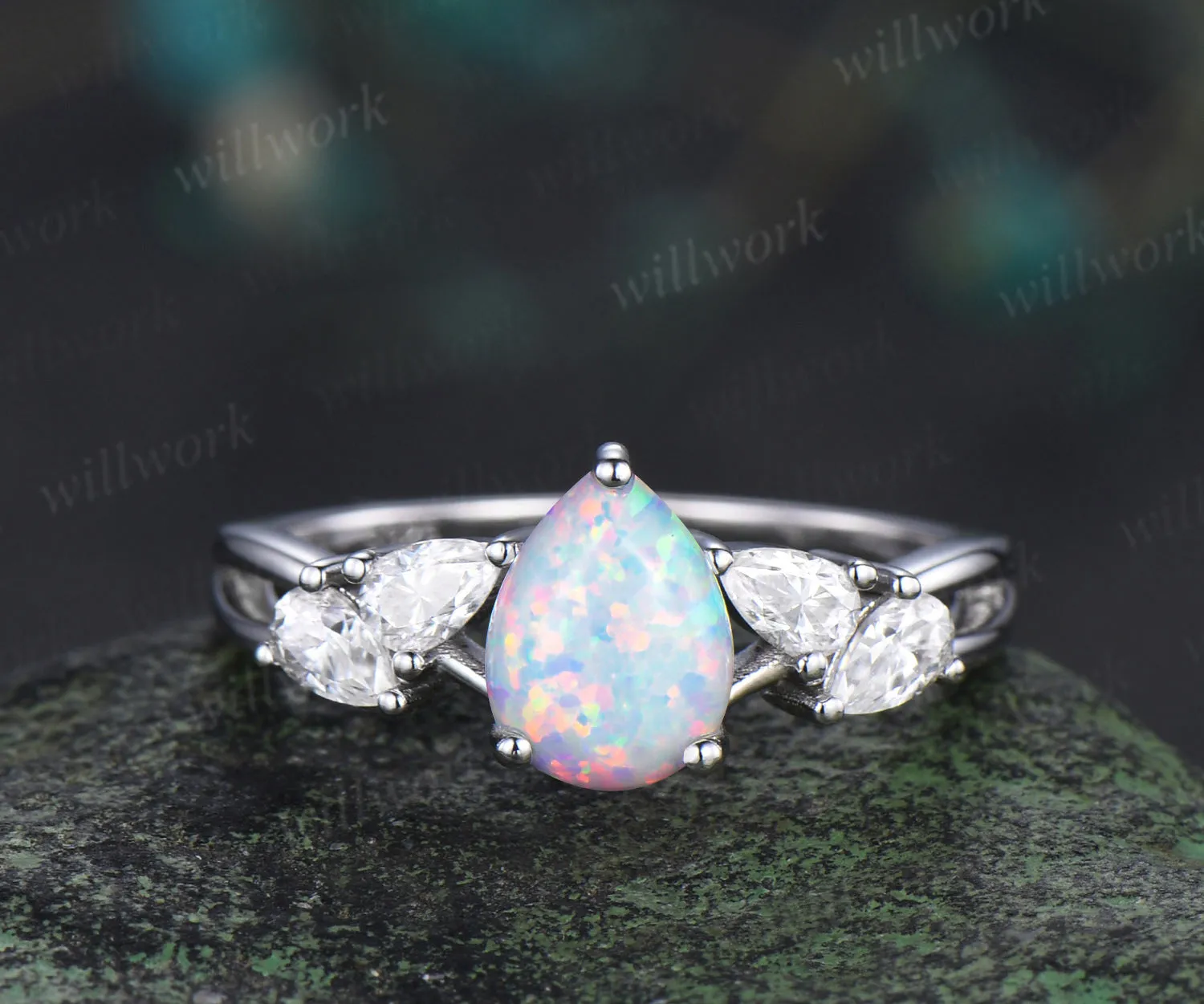 Pear cut opal engagement ring pear moissanite cluster split shank ring bridal unique bridal ring gifts for women sold by Willwork Jewelry