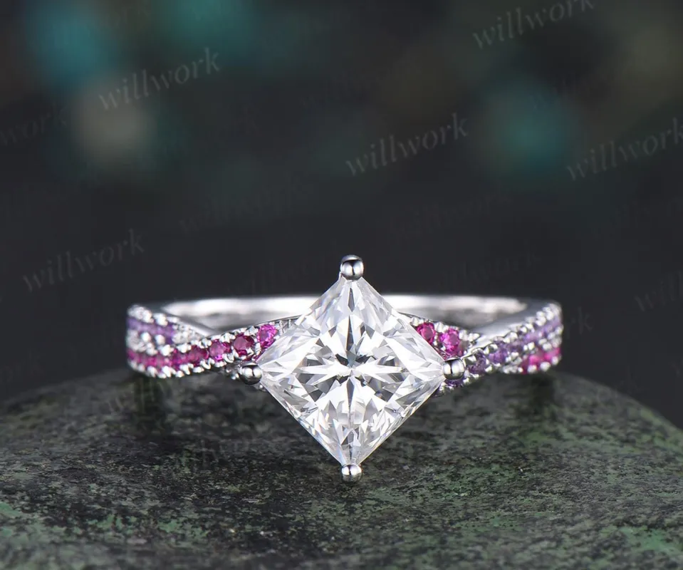 Princess cut IGI lab grown diamond engagement ring white gold vintage moissanite ring infinity ruby amethyst ring women  jewelry sold by Willwork Jewelry