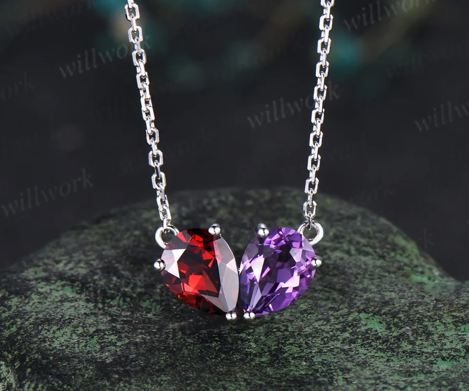 Pear garnet amethyst pendant necklace heart shape pendant Toi et Moi necklace minimalist birthstone necklace unique gifts made by Willwork Jewelry