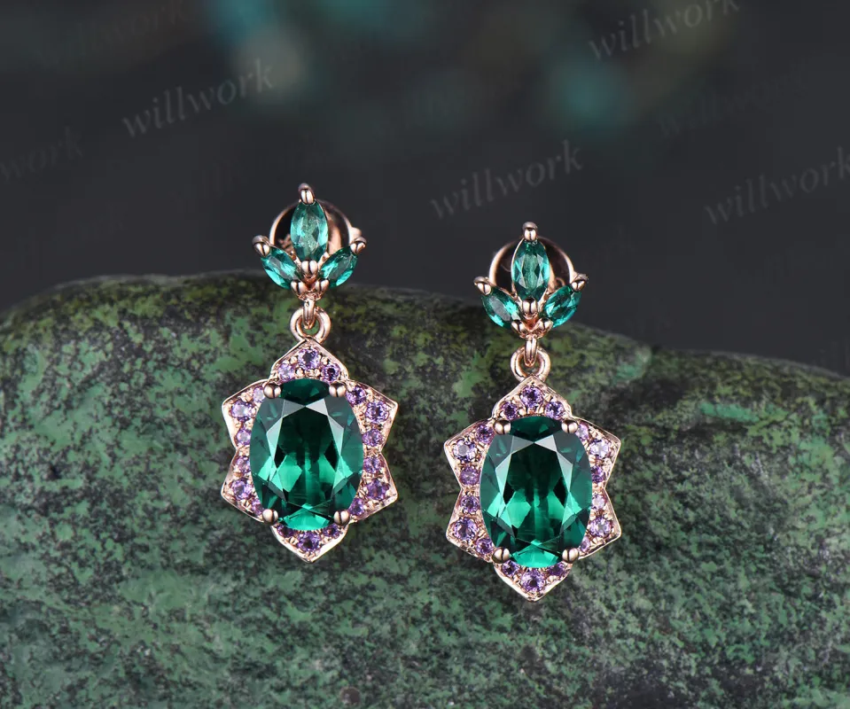 Unique oval emerald earrings with floral amethyst halo 14k rose gold leaf marquise emerald drop earrings anniversary birthday gifts made by Willwork Jewelry
