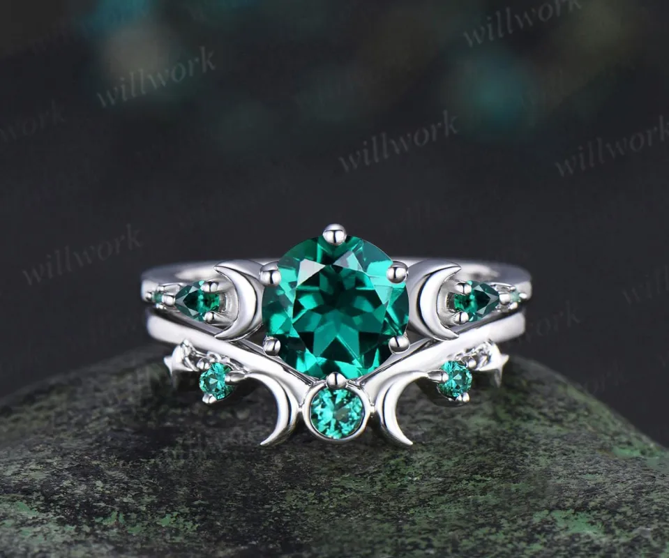 Round cut green emerald ring vintage 18k white gold moon five stone unique engagement ring emerald bezel sun star ring jewelry sold by Willwork Jewelry