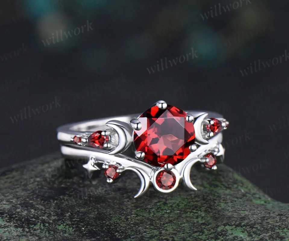 Round cut red garnet ring vintage 14k 18k white gold moon five stone unique engagement ring women bezel sun star wedding ring jewelry sold by Willwork Jewelry