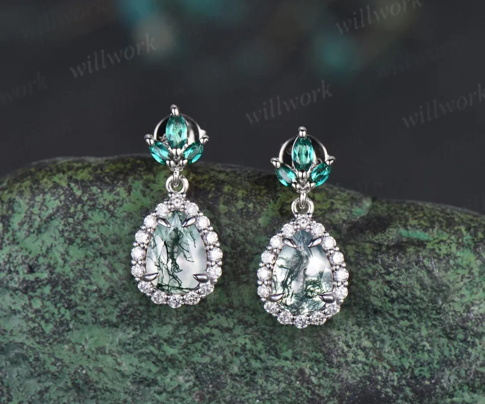 Pear teardrop cut natural moss agate earrings 14k white gold vintage leaf marquise emerald drop earrings women anniversary gift jewelry sold by Willwork Jewelry