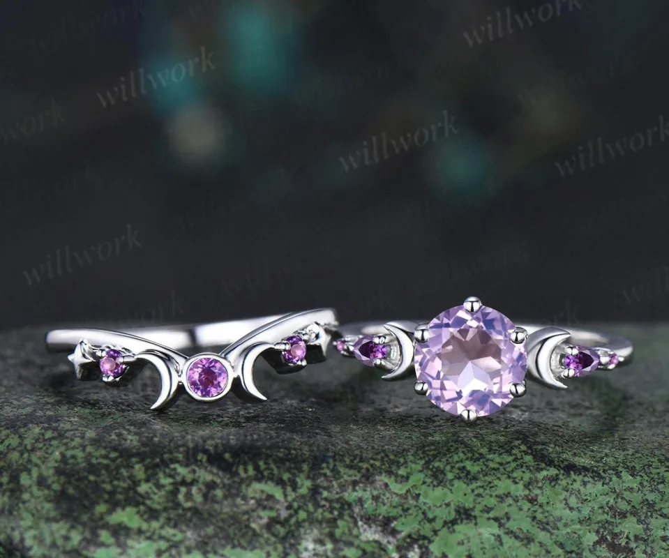 Round cut Lavender Amethyst engagement ring set women white gold moon star sun amethyst wedding crystal ring dainty anniversary gift sold by Willwork Jewelry