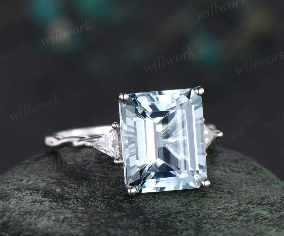 6ct Emerald cut natural aquamarine engagement ring solid 14k white gold three stone Trilliant cut moissanite promise ring jewelry sold by Willwork Jewelry