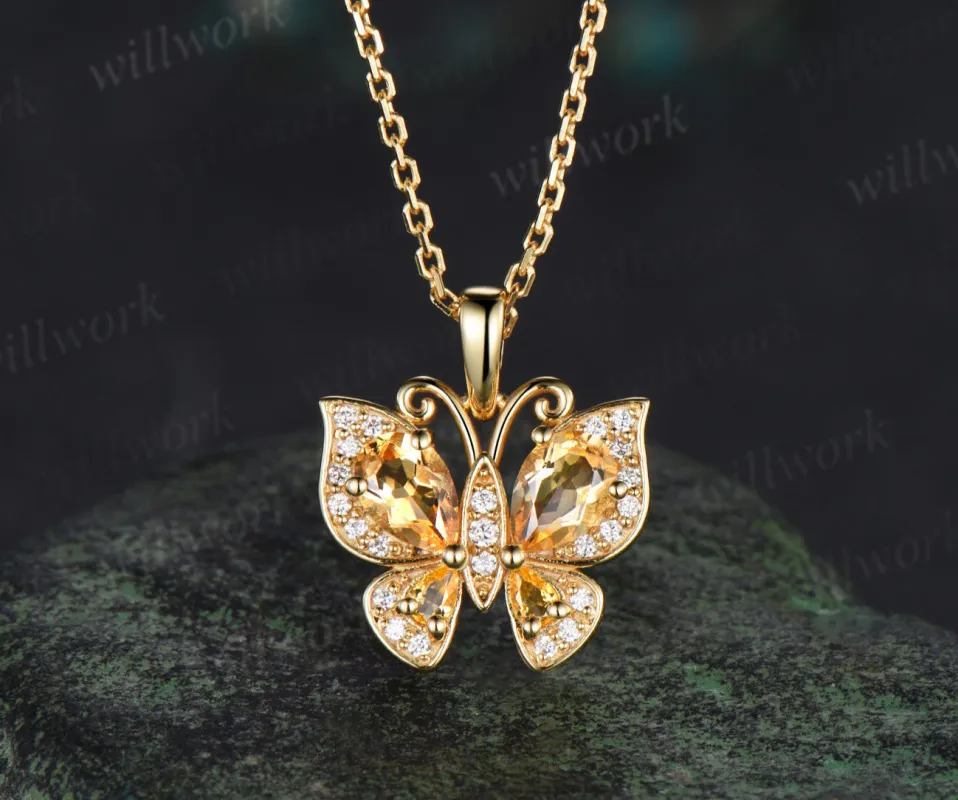 Dainty Butterfly Yellow Crystal Necklace Pear Natural Citrine Pendant Nature Inspired Solid Gold November Birthstone Wedding Gift For Her made by Willwork Jewelry