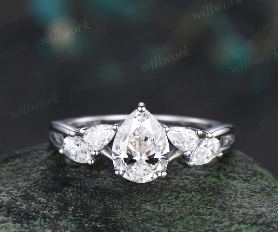 Pear cut IGI Lab grown diamond engagement ring vintage pear diamond cluster split shank ring bridal gifts promise ring for her sold by Willwork Jewelry