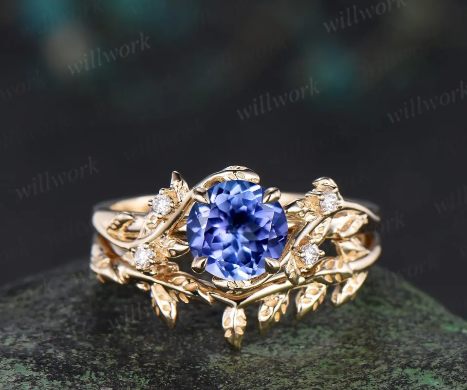 1ct Tanzanite ring vintage yellow gold diamond leaf ring set round Tanzanite engagement ring set nature inspired jewelry sold by Willwork Jewelry