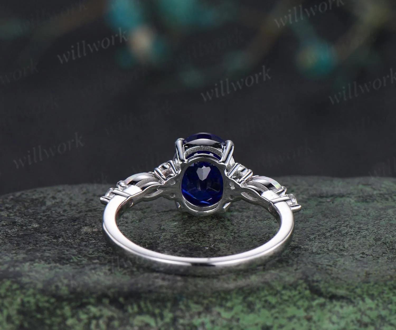 2ct oval cut blue sapphire engagement ring white gold opal diamond wedding ring women September birthstone ring women jewelry sold by Willwork Jewelry product image thumbnail 5