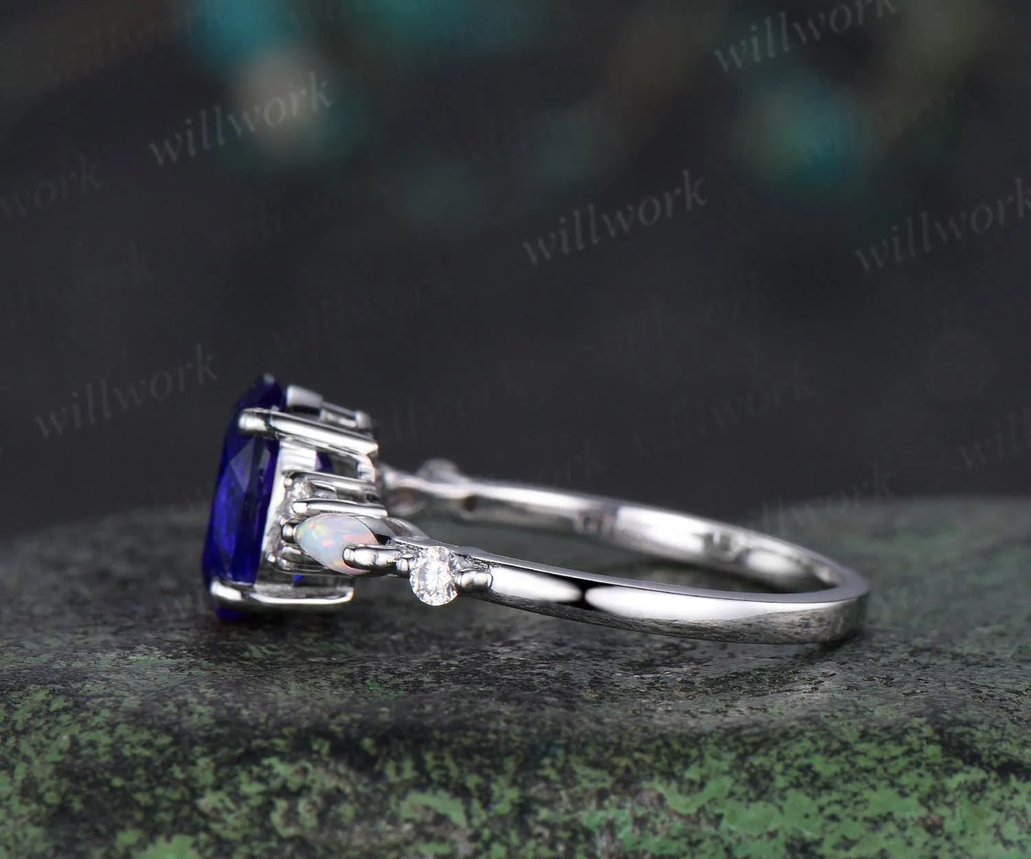 2ct oval cut blue sapphire engagement ring white gold opal diamond wedding ring women September birthstone ring women jewelry sold by Willwork Jewelry product image thumbnail 4