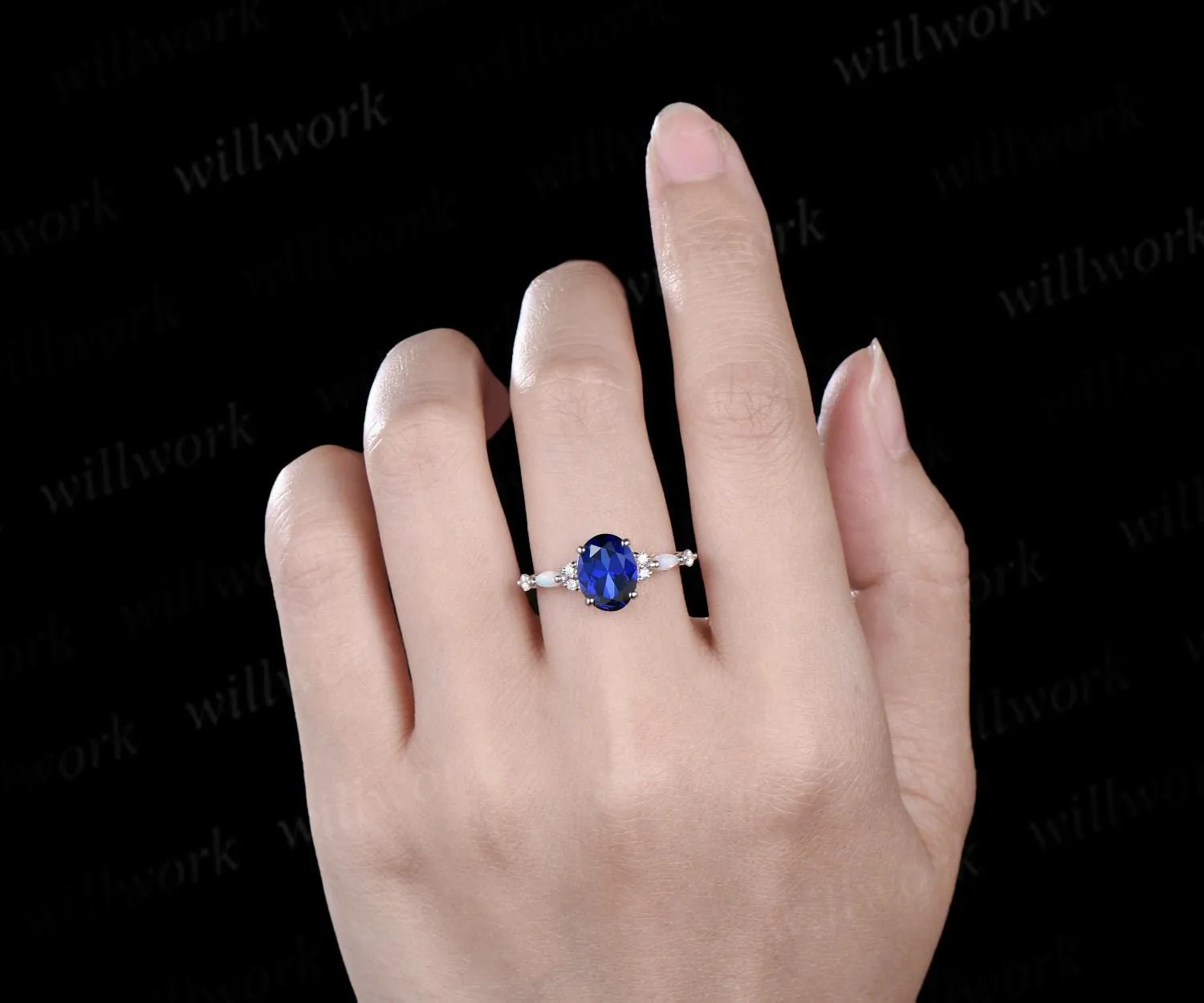 2ct oval cut blue sapphire engagement ring white gold opal diamond wedding ring women September birthstone ring women jewelry sold by Willwork Jewelry product image thumbnail 3