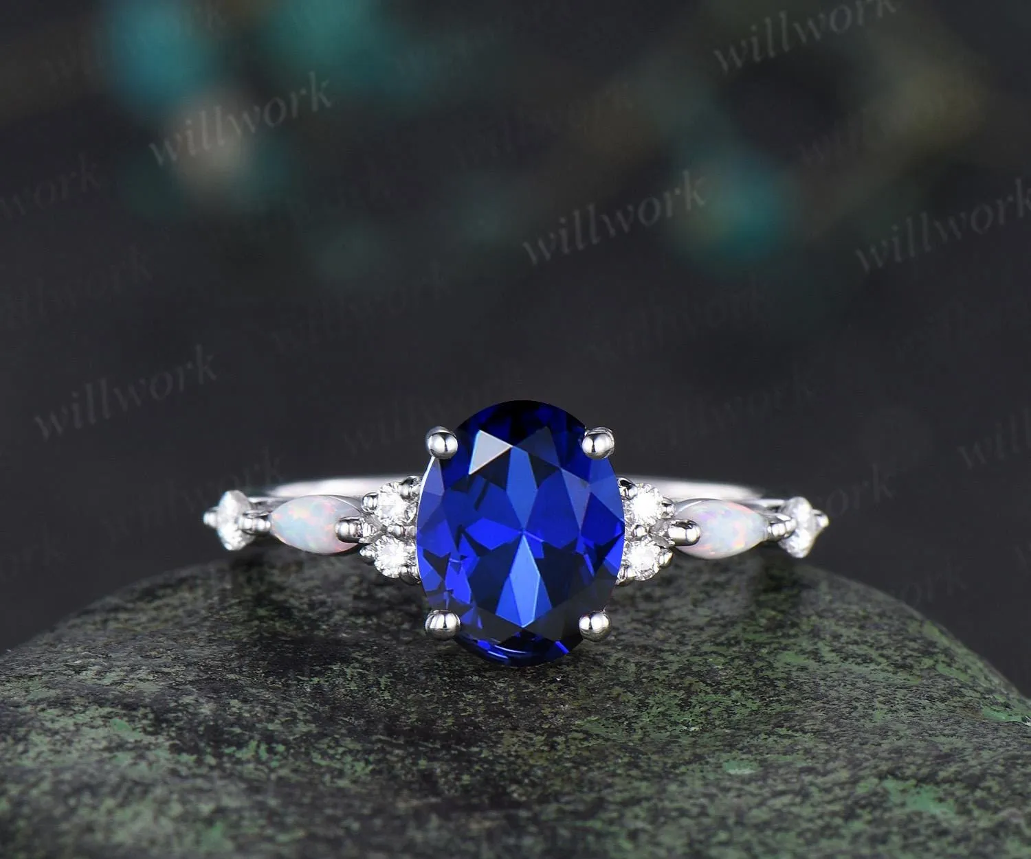 2ct oval cut blue sapphire engagement ring white gold opal diamond wedding ring women September birthstone ring women jewelry sold by Willwork Jewelry product image thumbnail 2