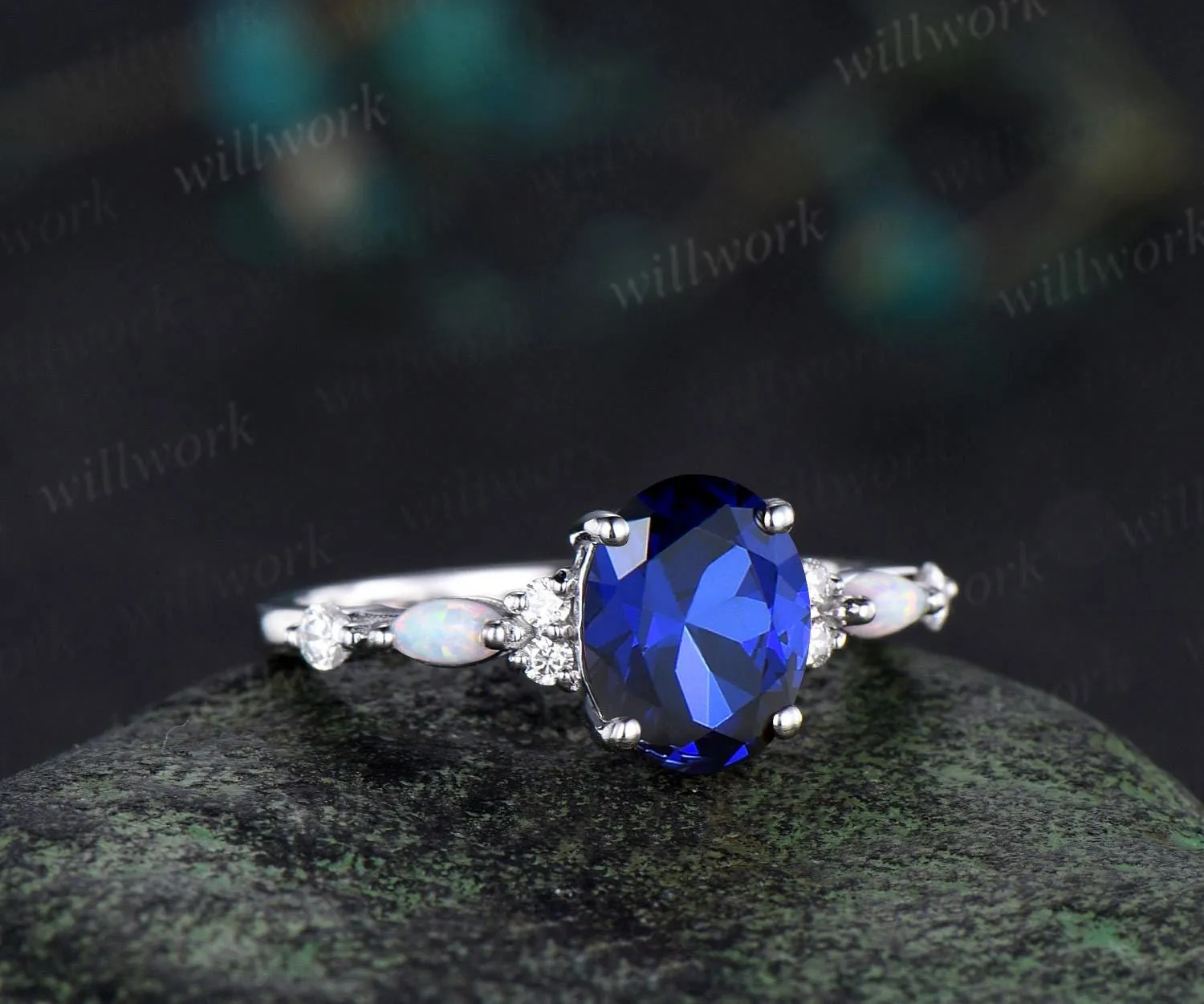 2ct oval cut blue sapphire engagement ring white gold opal diamond wedding ring women September birthstone ring women jewelry sold by Willwork Jewelry