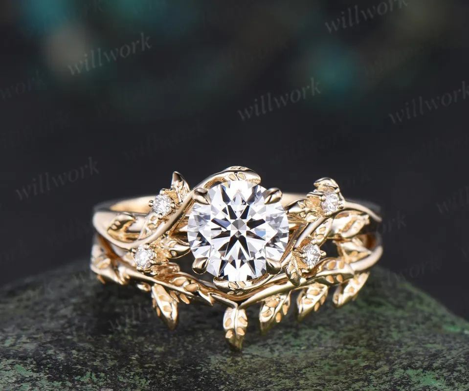 1ct round cut IGI Lab grown diamond ring 14k yellow gold branch leaf nature inspired engagement ring jewelry promise bridal set women sold by Willwork Jewelry