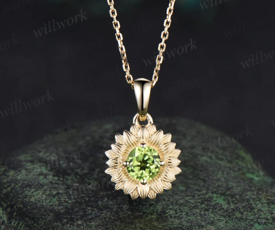 Round cut peridot Sunflower Necklace 14k yellow gold unique Solitaire Pendant women jewelry made by Willwork Jewelry