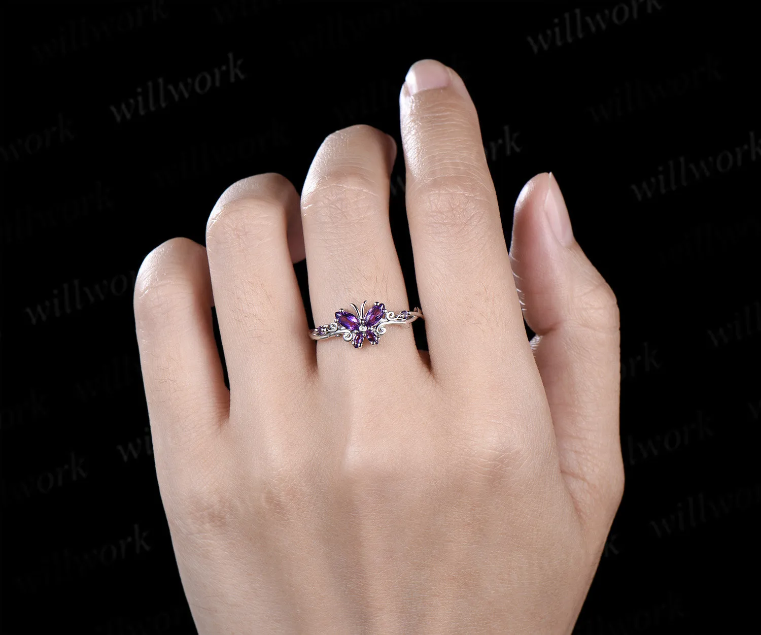 Butterfly Amethyst Engagement Ring solid 14k white gold February birthstone branch wedding ring women jewelry sold by Willwork Jewelry product image thumbnail 3